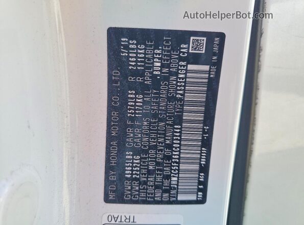 JHMZC5F36KC003448 2019 HONDA CLARITY White VIN კოდის სტიკერის ხედი
