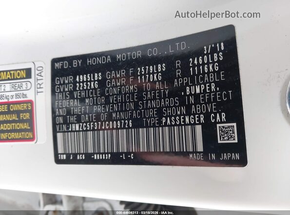 JHMZC5F37JC009726 2018 HONDA CLARITY PLUG-IN HYBRID White ძრავის განყოფილების ხედი