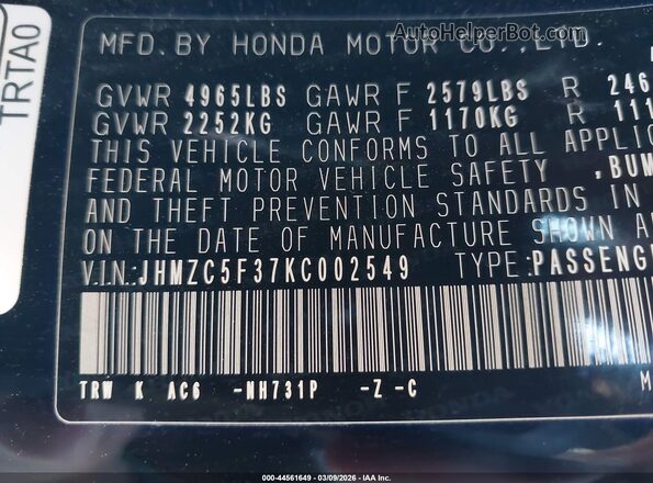 JHMZC5F37KC002549 2019 HONDA CLARITY PLUG-IN HYBRID Черный Вид подкапотного пространства