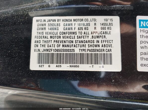 JHMZF1D65GS000325 2016 HONDA CR-Z Black Շարժիչի բաժամունքի տեսք