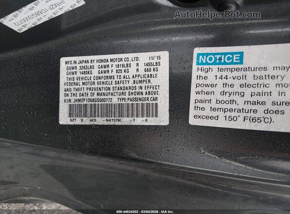 JHMZF1D68GS000772 2016 HONDA CR-Z Серый Вид наклейки с VIN-кодом
