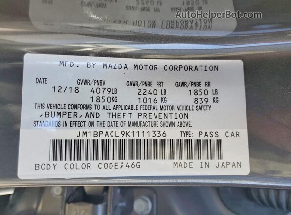 JM1BPACL9K1111336 2019 MAZDA 3 Charcoal ძრავის განყოფილების ხედი