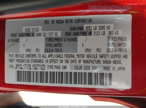 JM1GL1TY3L1527123 2020 MAZDA 6 Бордовый Вид подкапотного пространства