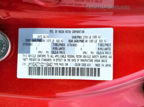 JM1NDAD71G0116440 2016 MAZDA MX-5 Красный Вид наклейки с VIN-кодом