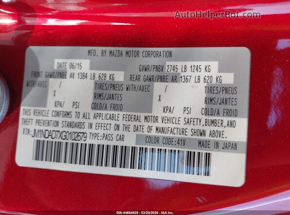 JM1NDAD7XG0102679 2016 MAZDA MX-5 MIATA Красный Вид подкапотного пространства