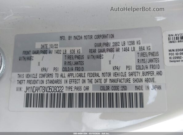 JM1NDAM78N0508022 2022 MAZDA MX-5 MIATA RF White Widok komory silnika
