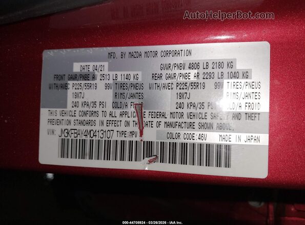JM3KFBAY4M0413107 2021 MAZDA CX-5 Red Vista del compartimento del motor