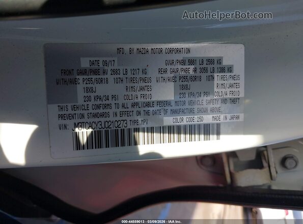 JM3TCACY3J0210273 2018 MAZDA CX-9 Белый Вид подкапотного пространства