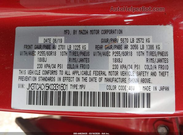 JM3TCACY5K0331601 2019 MAZDA CX-9 Red Widok komory silnika