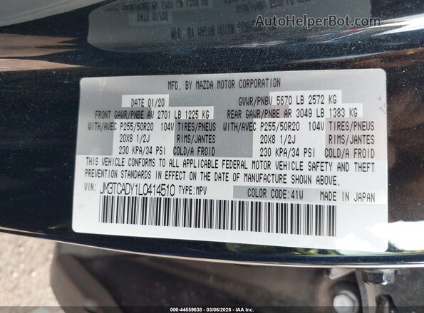 JM3TCADY1L0414510 2020 MAZDA CX-9 Черный Вид подкапотного пространства