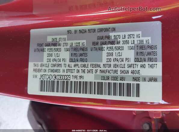 JM3TCADY3K0300023 2019 MAZDA CX-9 Красный Вид подкапотного пространства