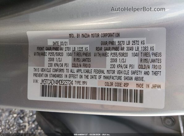 JM3TCADY4M0523724 2021 MAZDA CX-9 Серебряный Вид подкапотного пространства