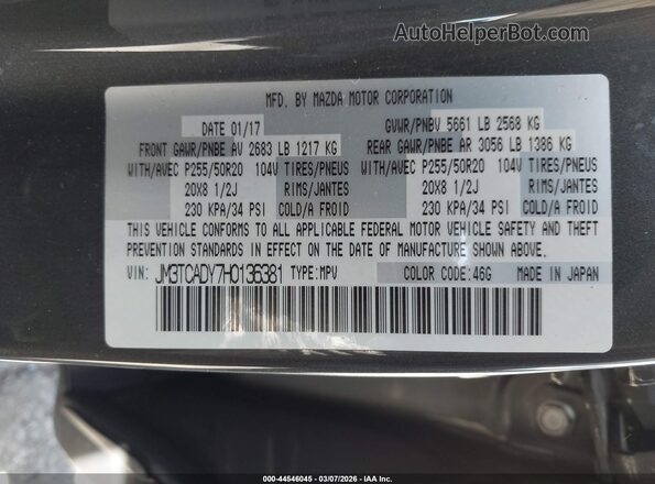 JM3TCADY7H0136381 2017 MAZDA CX-9 Gray Вид підкапотного простору