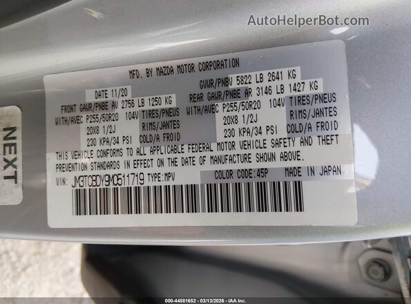 JM3TCBDY9M0511719 2021 MAZDA CX-9 Серый Вид подкапотного пространства