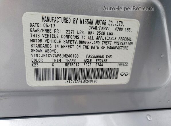 JN1CV7AP6JM240198 2018 INFINITI Q50 Серебряный Вид подкапотного пространства