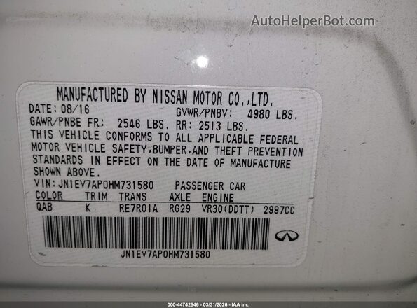 JN1EV7AP0HM731580 2017 INFINITI Q50 White Vista del compartimento del motor