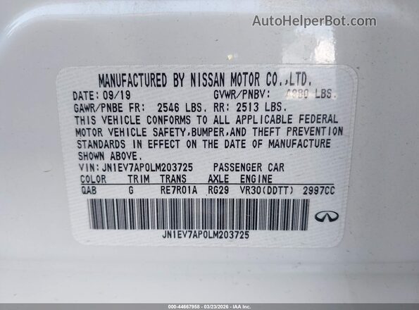 JN1EV7AP0LM203725 2020 INFINITI Q50 Белый Вид подкапотного пространства