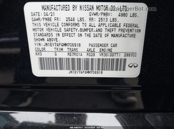 JN1EV7AP4MM706918 2021 INFINITI Q50 Black Вид підкапотного простору