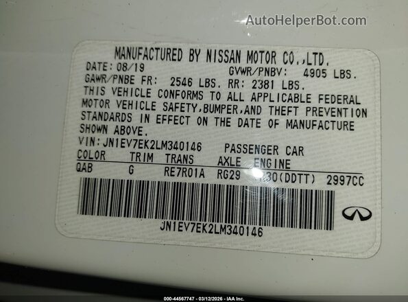 JN1EV7EK2LM340146 2020 INFINITI Q60 White Widok komory silnika