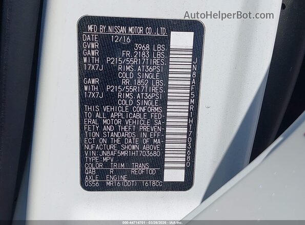 JN8AF5MR1HT703680 2017 NISSAN JUKE White Widok komory silnika