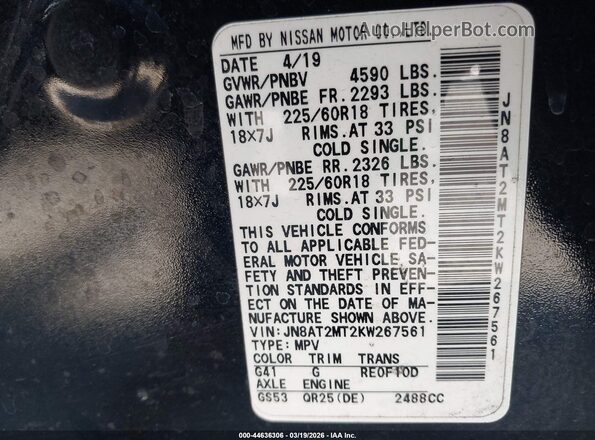 JN8AT2MT2KW267561 2019 NISSAN ROGUE Черный Вид подкапотного пространства