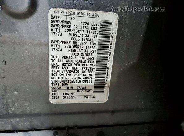 JN8AT2MV4LW138529 2020 NISSAN ROGUE Gray VIN კოდის სტიკერის ხედი