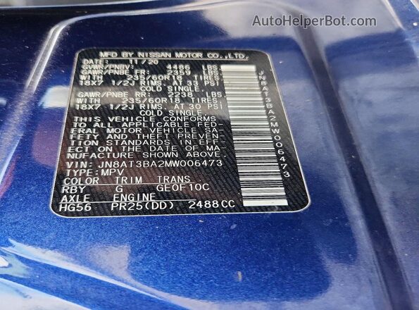 JN8AT3BA2MW006473 2021 NISSAN ROGUE Blue Widok naklejki z numerem VIN