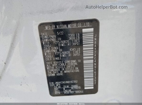 JN8AY2AC4N9162352 2022 NISSAN ARMADA Белый Вид подкапотного пространства