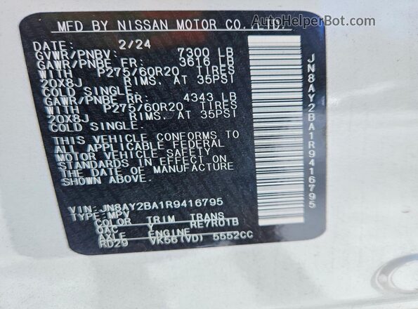 JN8AY2BA1R9416795 2024 NISSAN ARMADA Белый Вид наклейки с VIN-кодом