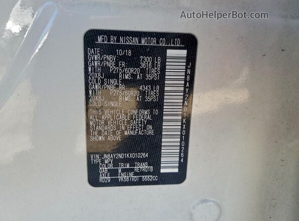 JN8AY2ND1KX010264 2019 NISSAN ARMADA Белый Вид наклейки с VIN-кодом