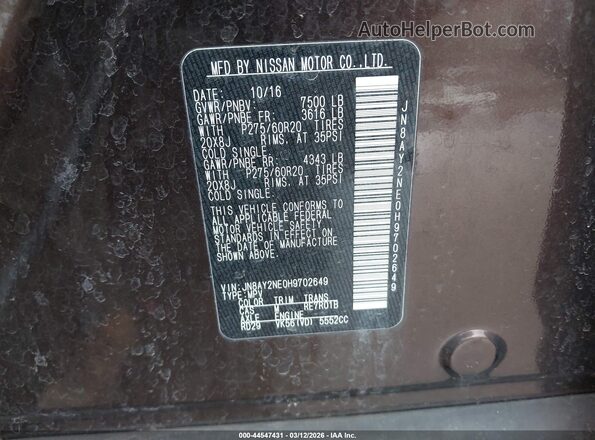 JN8AY2NE0H9702649 2017 NISSAN ARMADA Коричневый Вид подкапотного пространства