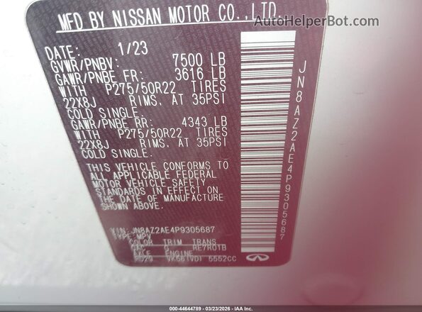 JN8AZ2AE4P9305687 2023 INFINITI QX80 White Widok komory silnika