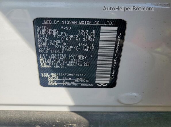 JN8AZ2AF2M9715442 2021 INFINITI QX80 Белый Вид наклейки с VIN-кодом