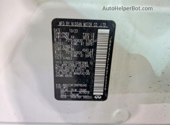 JN8AZ2AF2R9765345 2024 INFINITI QX80 White Vista interior de 360 grados