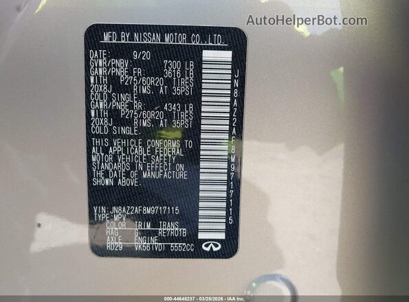 JN8AZ2AF8M9717115 2021 INFINITI QX80 Бежевый Вид подкапотного пространства