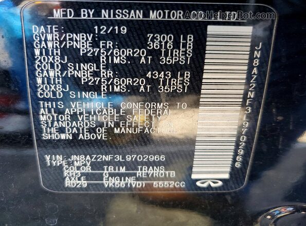 JN8AZ2NF3L9702966 2020 INFINITI QX80 Black Widok naklejki z numerem VIN