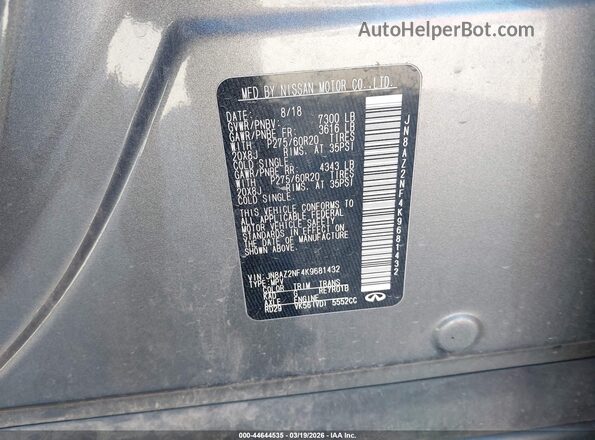 JN8AZ2NF4K9681432 2019 INFINITI QX80 Gray Вид підкапотного простору