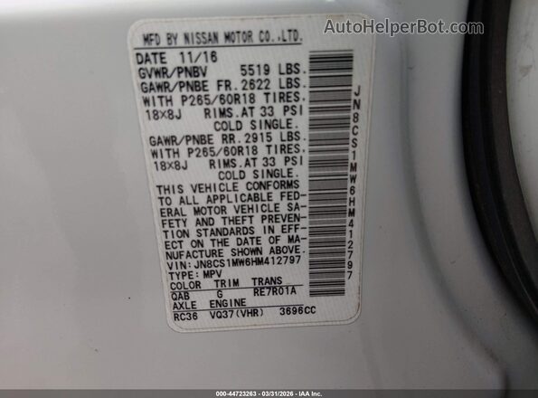 JN8CS1MW6HM412797 2017 INFINITI QX70 Белый Вид подкапотного пространства