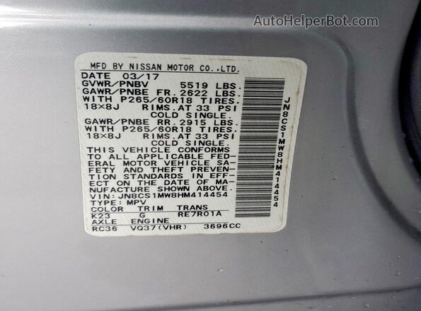 JN8CS1MW8HM414454 2017 INFINITI QX70 Silver Widok naklejki z numerem VIN