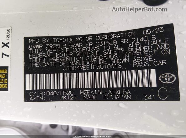 JTDB4MEE1P3010618 2023 TOYOTA LL White Vista del compartimento del motor