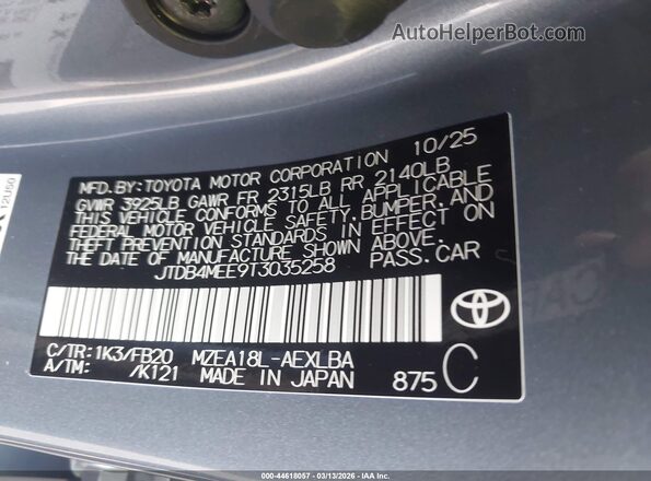 JTDB4MEE9T3035258 2026 TOYOTA LL Gray Widok komory silnika