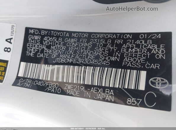 JTDBCMFE3R3045245 2024 TOYOTA LL White Widok komory silnika