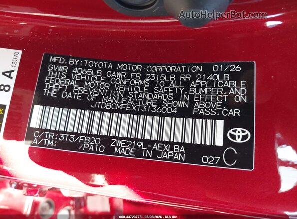 JTDBCMFEXT3136004 2026 TOYOTA LL Красный Вид подкапотного пространства
