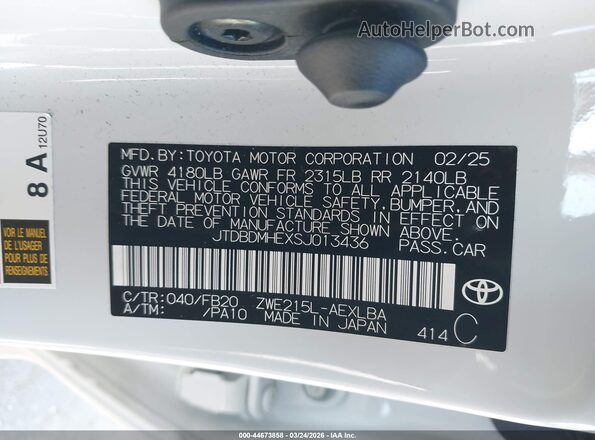 JTDBDMHEXSJ013436 2025 TOYOTA LL Белый Вид подкапотного пространства