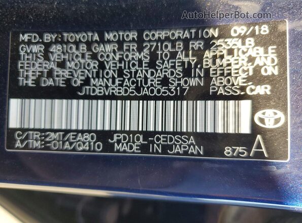 JTDBVRBD5JA005317 2018 TOYOTA MIRAI Синий Вид подкапотного пространства