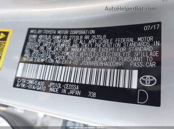JTDBVRBD8HA002891 2017 TOYOTA MIRAI Silver Vista del compartimento del motor