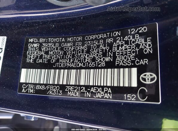 JTDEPMAE0MJ165128 2021 TOYOTA LL Blue Widok komory silnika