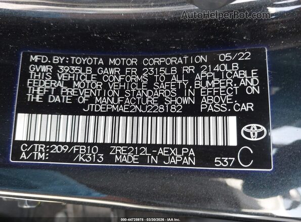 JTDEPMAE2NJ228182 2022 TOYOTA LL Black Vista del compartimento del motor