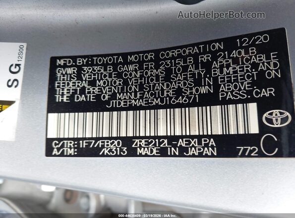 JTDEPMAE5MJ164671 2021 TOYOTA LL Серебряный Вид подкапотного пространства