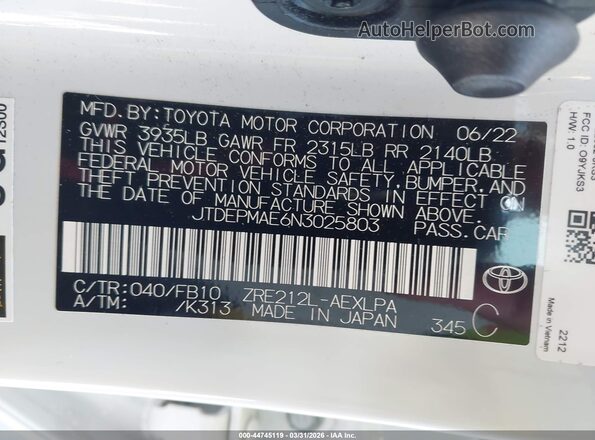 JTDEPMAE6N3025803 2022 TOYOTA LL White Widok komory silnika